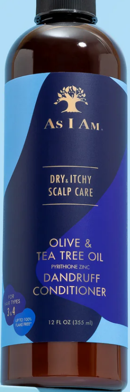 As I Am Dry & Itchy Olive and Tea Tree dry & itchy scalp care dandruff conditioner. Sulfate Free, Paraben Free, Silicon Free, Phthalate Free 355ml