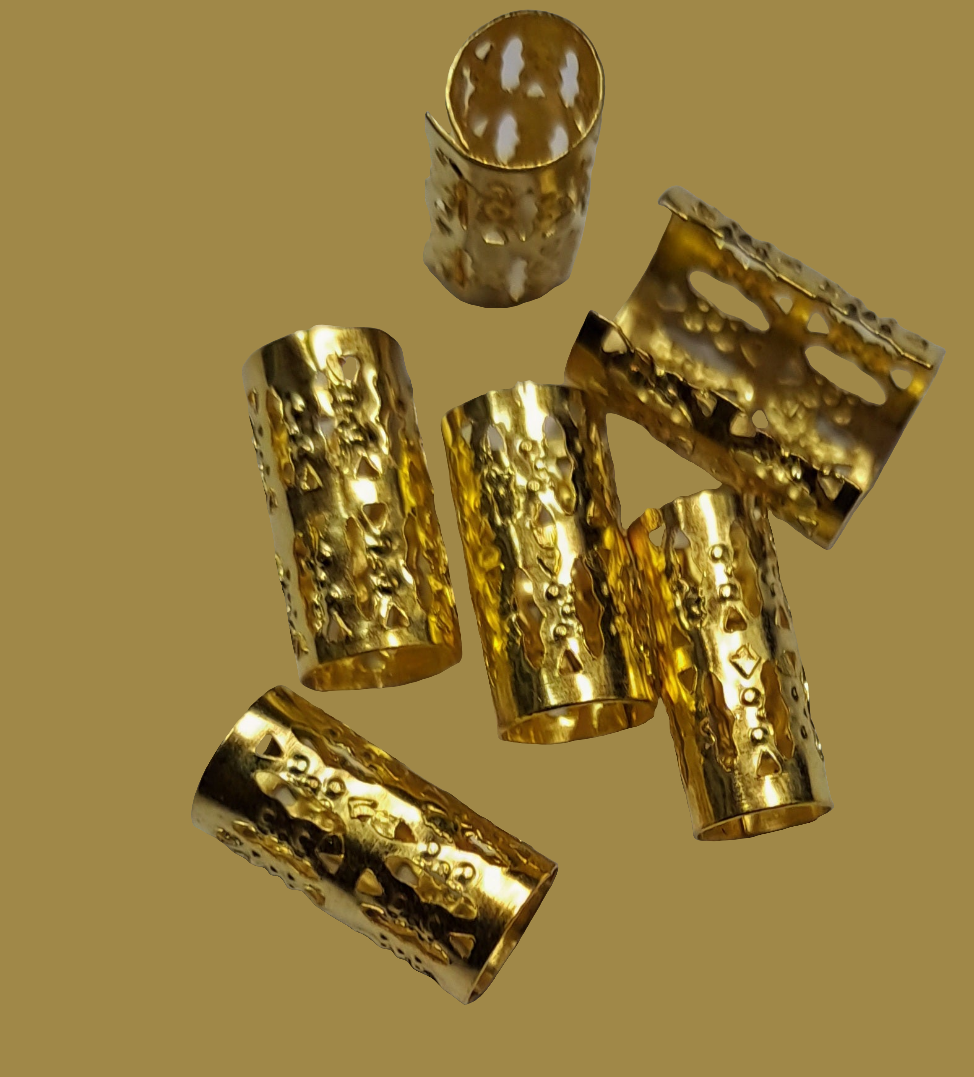 Anellini con disegni lunghi per capelli regolabili 30 pz colore oro.