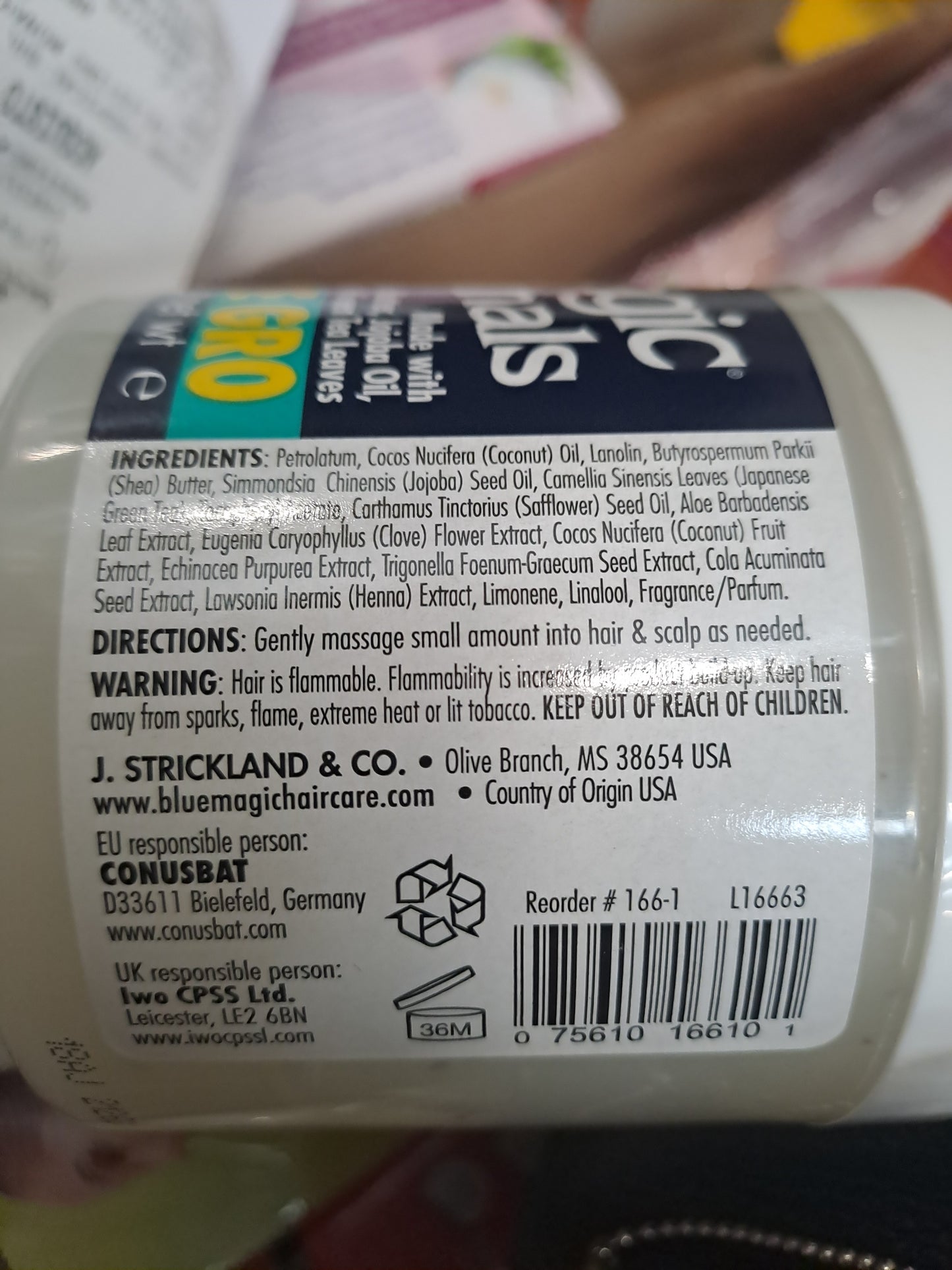 Blue Magic Originals super sure gro. With shea butter, jojoba oil and Japanese Green Tea Leaves.