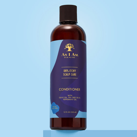 As I Am Dry & Itchy Olive and Tea Tree dry & itchy scalp care dandruff conditioner. Sulfate Free, Paraben Free, Silicon Free, Phthalate Free 355ml