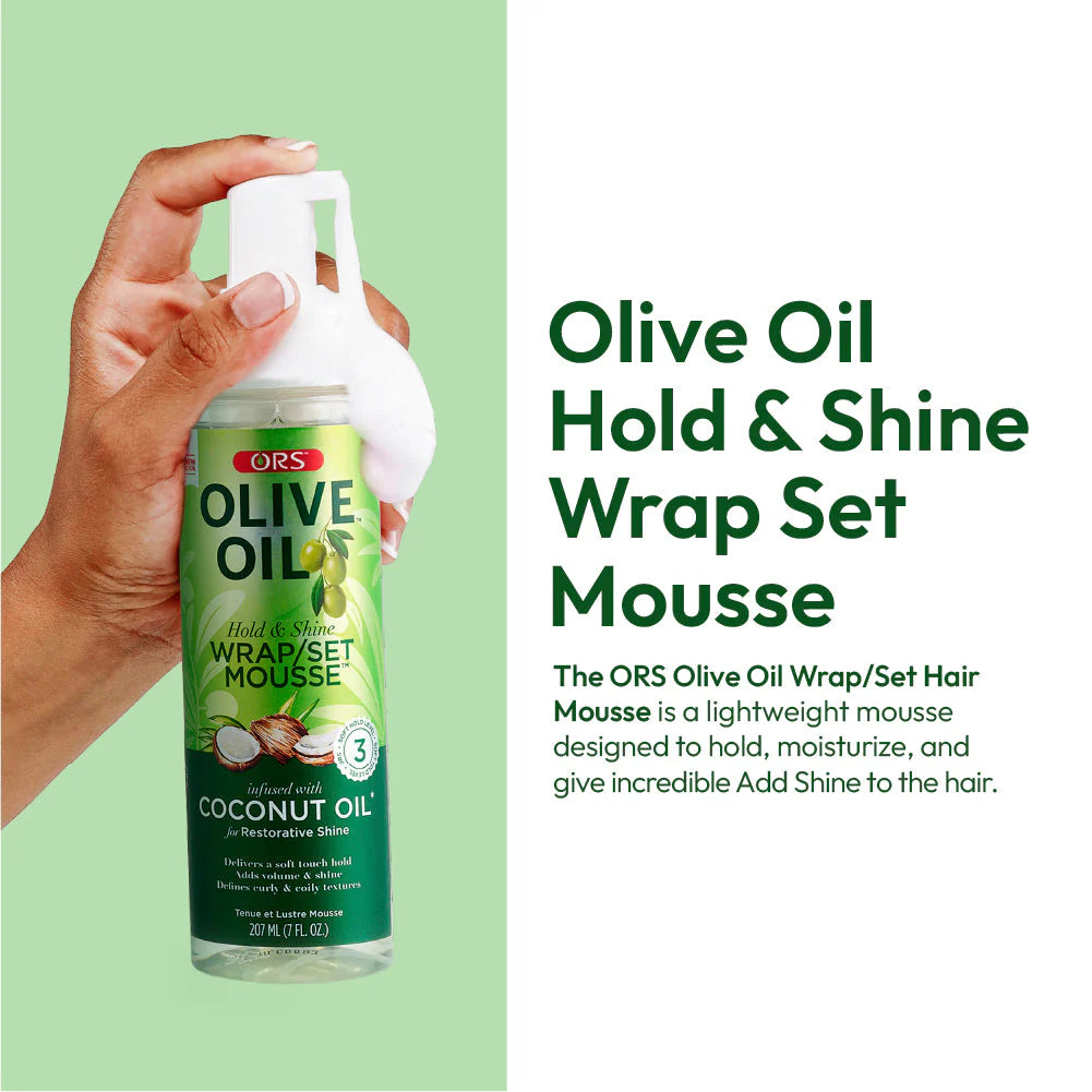ORS Olive Oil Hold & Shine Wrap Set Mousse Infused with Coconut Oil for Restorative Shine 207ml (7.0 oz) (Copia)