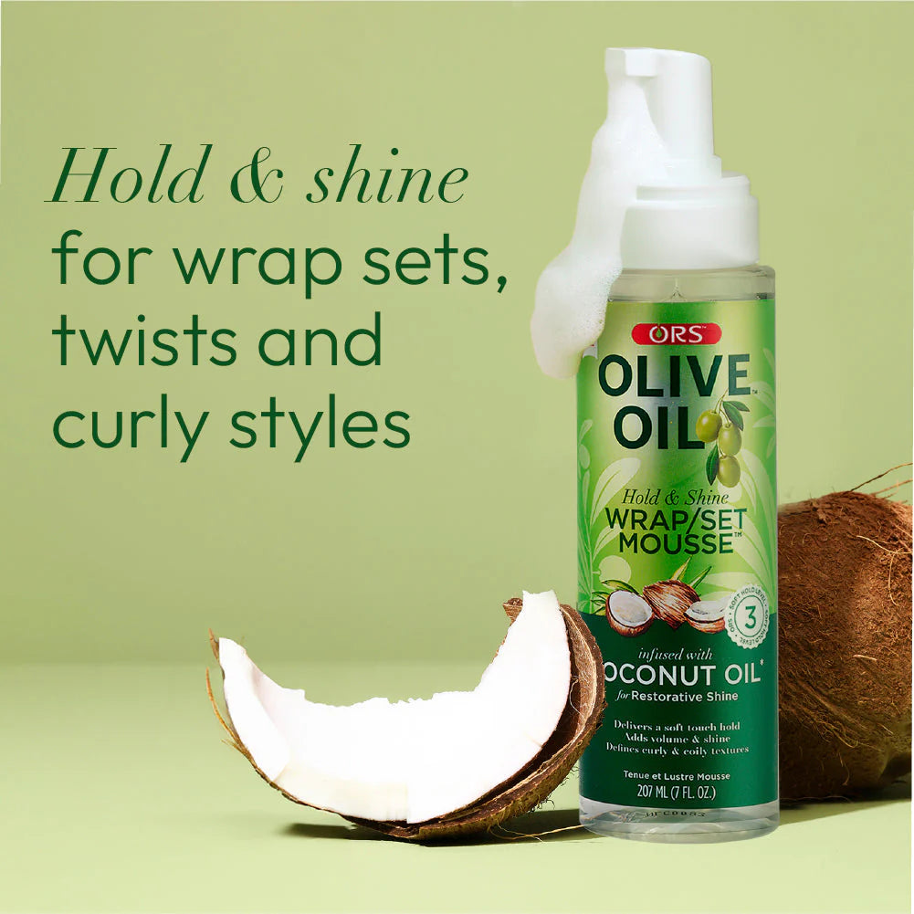 ORS Olive Oil Hold & Shine Wrap Set Mousse Infused with Coconut Oil for Restorative Shine 207ml (7.0 oz) (Copia)