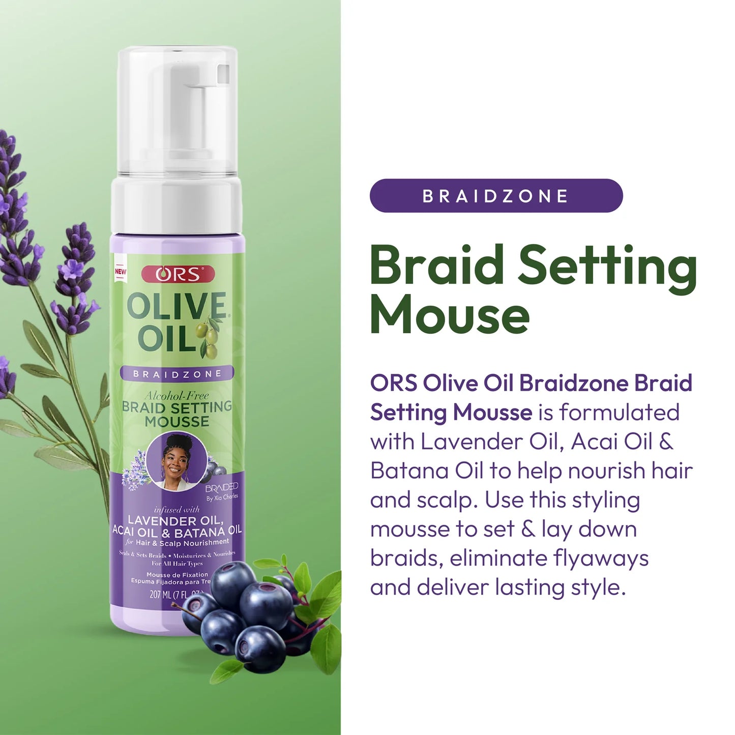 ORS Olive Oil Braidzone Braid Setting Mousse for Hair & Scalp Nourishment (7.0 oz) alcohol-free