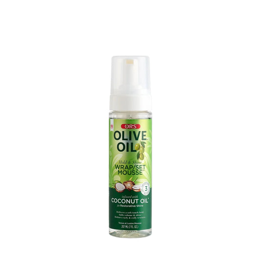 ORS Olive Oil Hold & Shine Wrap Set Mousse Infused with Coconut Oil for Restorative Shine 207ml (7.0 oz) (Copia)