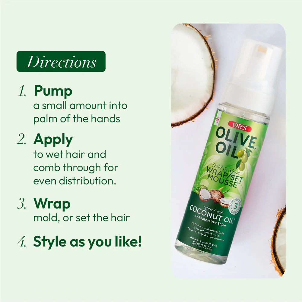 ORS Olive Oil Hold & Shine Wrap Set Mousse Infused with Coconut Oil for Restorative Shine 207ml (7.0 oz) (Copia)