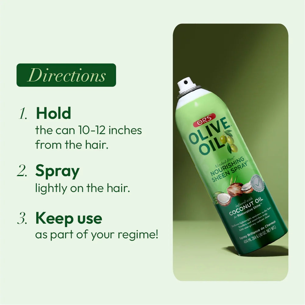 ORS Olive Oil Nourishing Sheen Spray for Restorative Shine alcohol free with coconut oil  (10 oz) 404ml , 284g